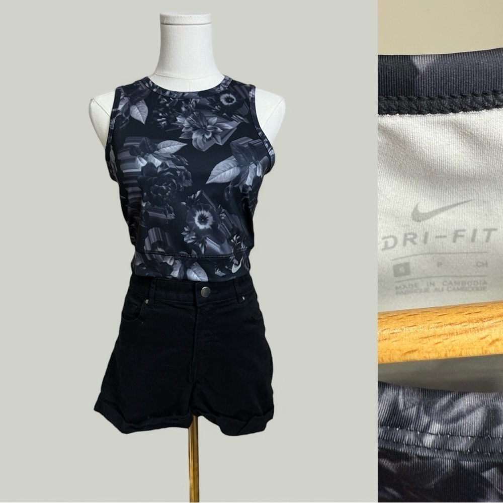 NIKE Tank Women Size Small Black Gray Epic Lux Running Tank Crop Floral Print